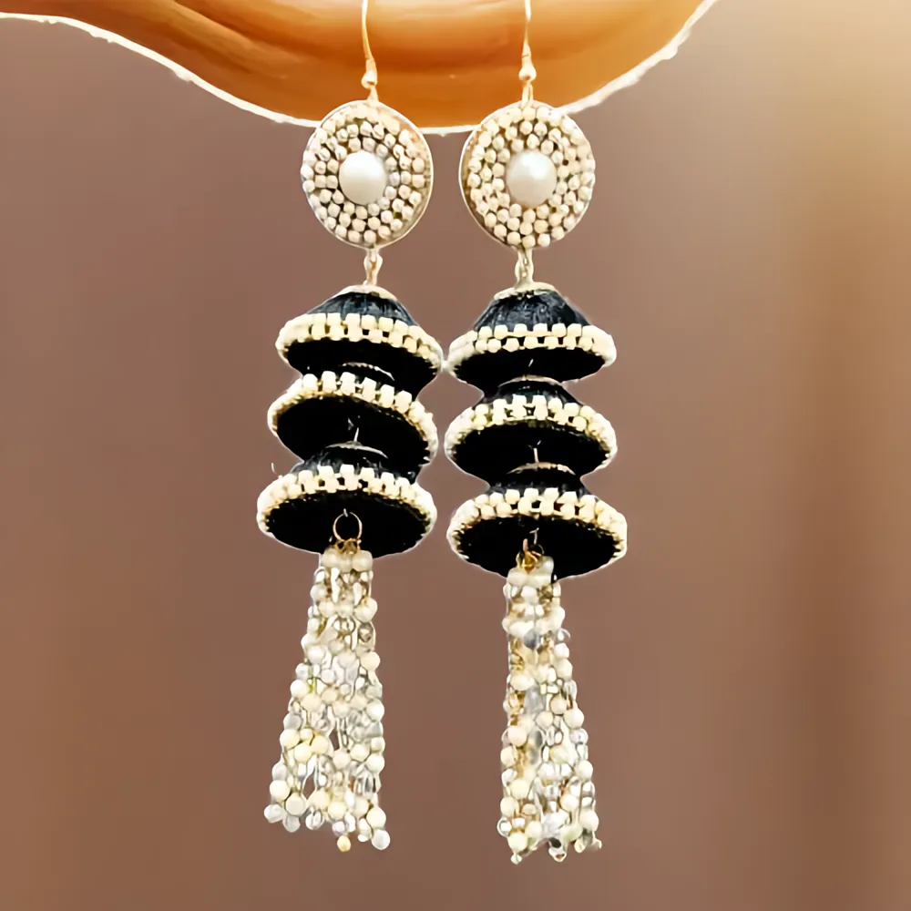 Handmade Black Silk Thread Jhumka Earrings with Pearl Chains for Women and Girls