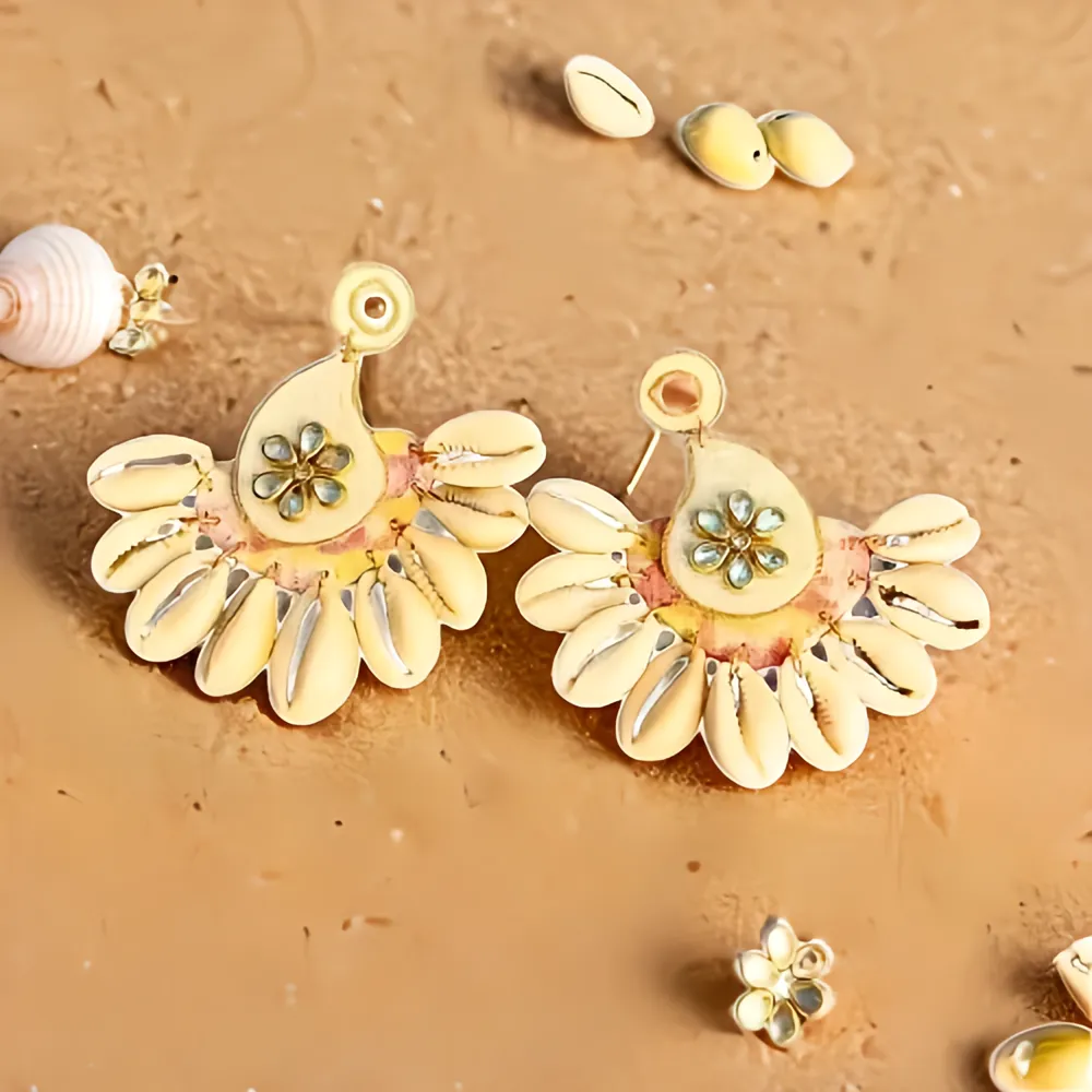 Handmade Cowrie Shell Statement Earrings with Fabric Base & Kundan Motif – Boho Tribal Dangler for Women and Girls